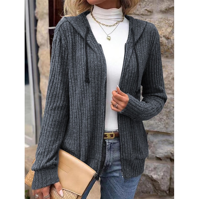 Women's Sweater Cardigan Casual Soft Pure Color Ribbed Hooded Knitted Hooded Long Sleeve Long Tops Knit Outdoor Daily Weekend Black Wine Fall Winter2