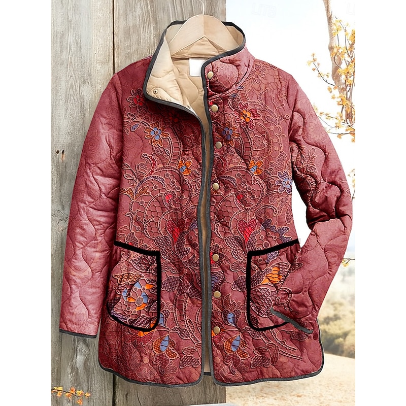 Women's Quilted Jacket Waterproof Windproof Embroidered Active Vintage Fashion Daily Floral Vacation Home Street Casual Regular Stand Collar Regular Fit Long Sleeve Outerwear Red Blue Purple Fall3