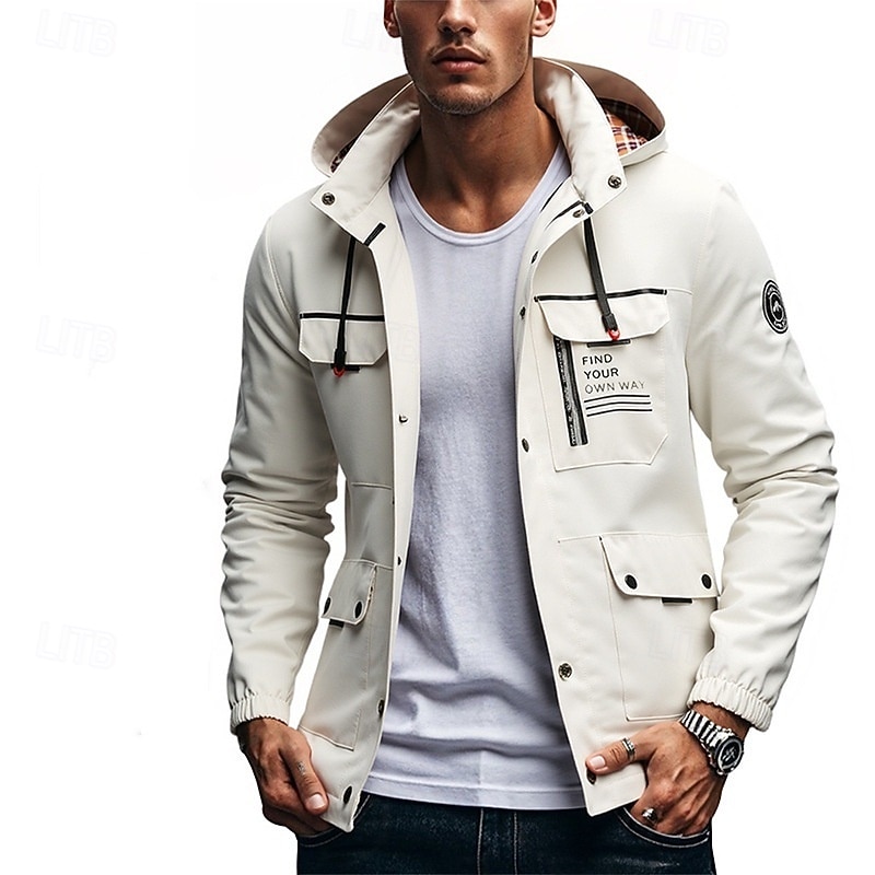 Men's Outdoor Jacket Raincoat Hiking Jacket Daily Hiking Windproof Rainproof Pocket Spring Fall Letter Fashion Classic Hooded Regular Black Yellow Army Green Beige Jacket