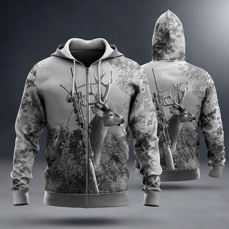 Men's Camo Deer Hoodie Jacket Sweatshirt Fashion Daily Hooded Vacation Hunting Brown Green Drawstring Zipper Fall Winter Designer3