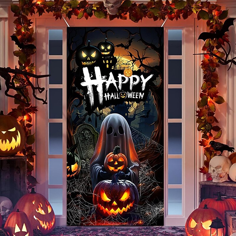 Halloween Door Cover Outdoor Banners Pumpkin Ghost Cemetery Psychedelic Dark Punk Gothic Style Party Outdoor Shooting Backgrounds Front Door Wall Porch Home Decor3