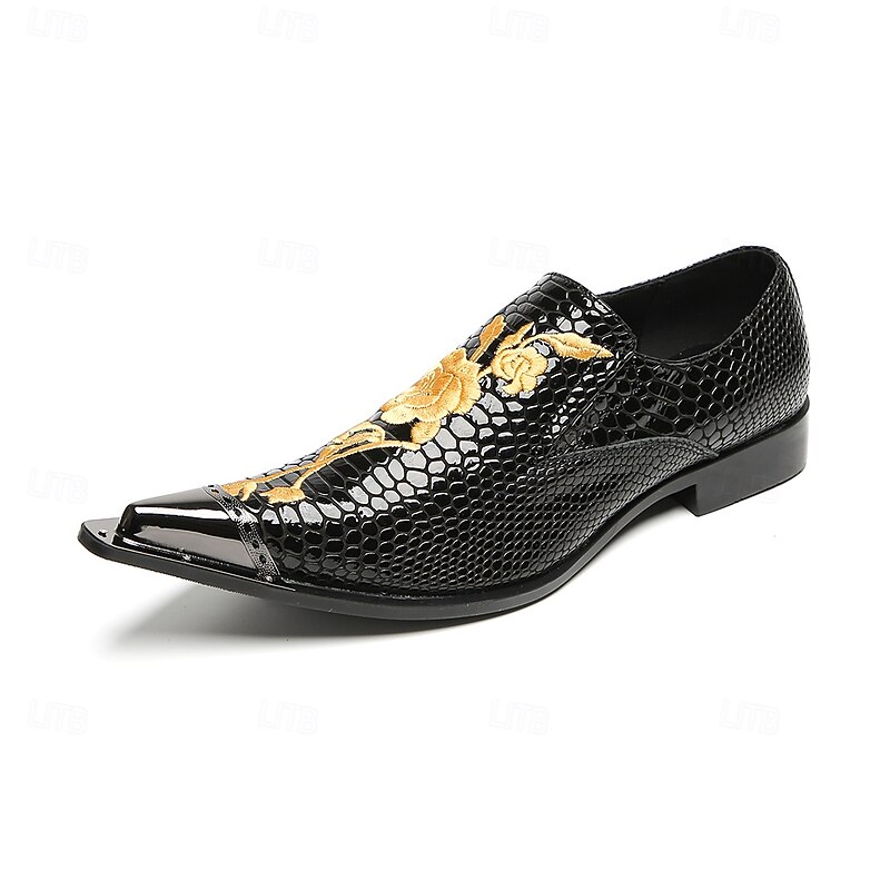 Men's Genuine Cowhide Leather Black Crocodile Pattern Dress Shoes with Gold Embroidery – Luxury Formal Loafers for Business, Weddings and Banquets3
