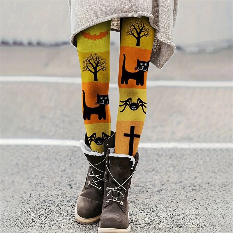 Women's Leggings Cozy Leggings Vacation Basic Casual Full Length High WaistPantsHalloween Cat Pumpkin Printing Thermal Warm Comfortable Stretchy Vacation Casual Daily Orange Fall Winter Skinny