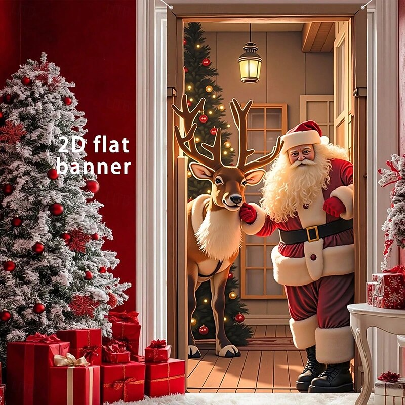 Christmas Door Cover Winter Holiday Decoration Drapes with Santa Claus Reindeer Christmas Tree Print for Cozy Indoor Home Entryway Living Room Bedroom Wall Hanging Festive Home Decor