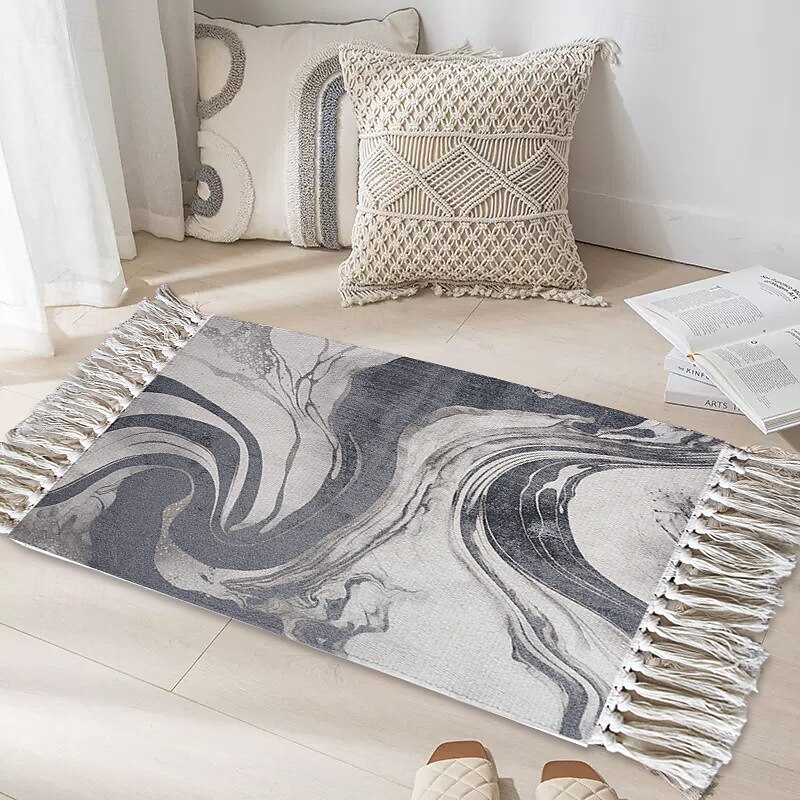 Bohemian Tassel Rug For Bedroom Simple Cotton Linen Woven Floor Mat Bedside Carpet Home Window Seat Cushion Decorative Durable Soft Non Slip Living Room Area Rug3