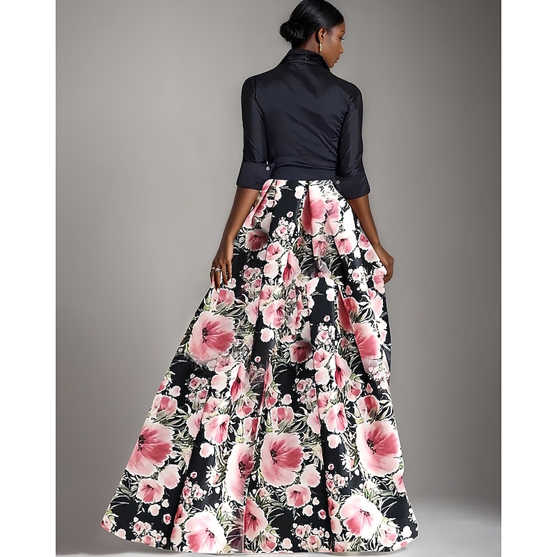 A-Line Mother of the Bride Dress Floral Print Shirt Dress Elegant Bow Pleats Floor Length Shirt Collar Satin 3/4 Length Sleeve with Buttons Spring Summer3