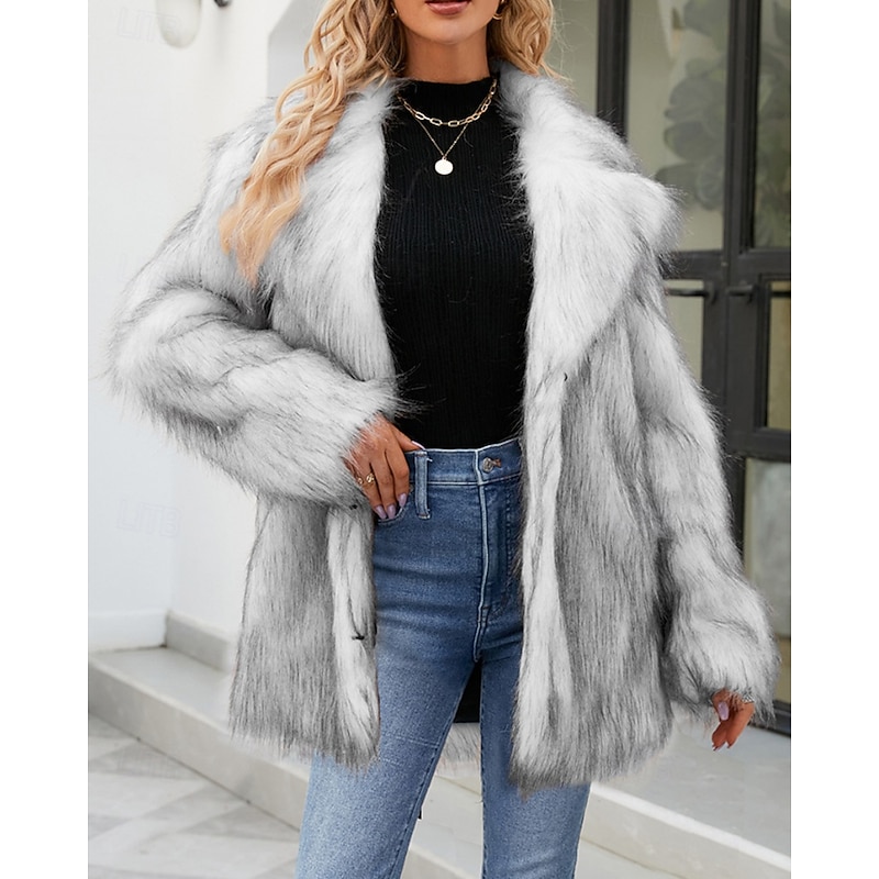 Women's Coat Faux Fur Coat Warm Comfortable Furs & Leathers Fashion Tie Dye Vacation Street Going out Weekend Long Turndown Regular Fit Long Sleeve Outerwear Light Grey Fall Winter