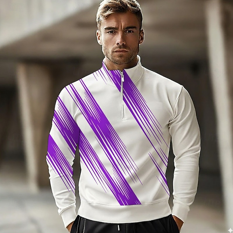 Men's Geometic Line Polo Long Sleeve Standing Collar Athleisure Vacation Athleisure Casual Daily 3D Print Spring Fall Winter Black Purple Blue3