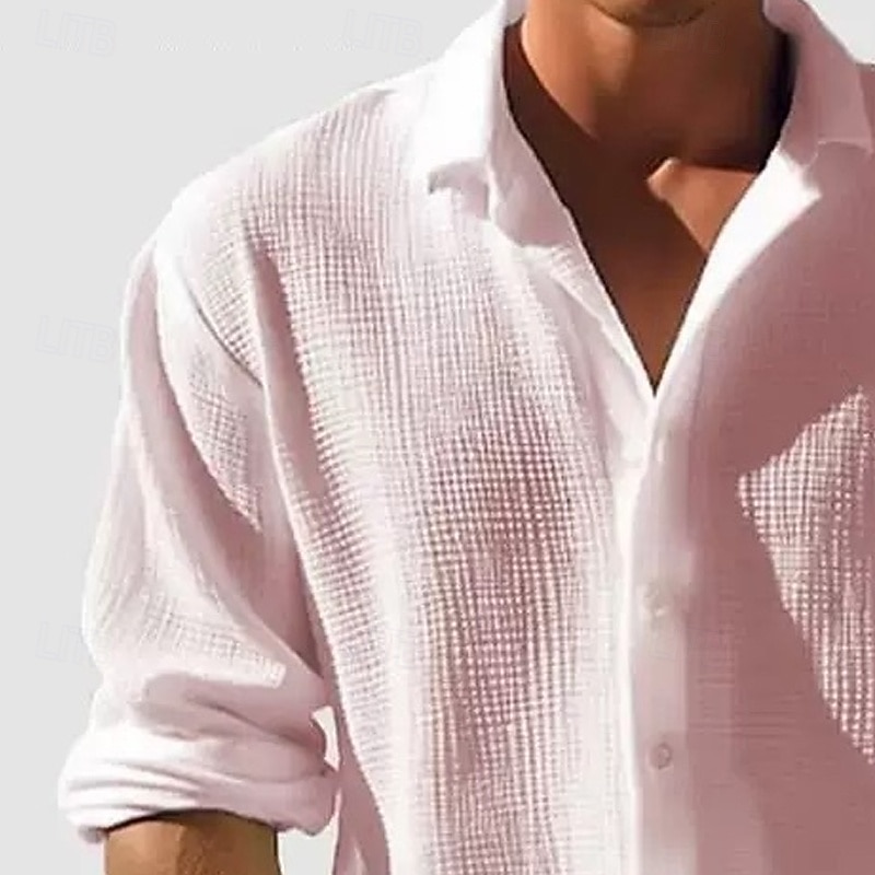 Men's Shirt Waffle Shirt Casual Shirt Button Up Shirt White Pink Blue khaki Light Grey Long Sleeve Plain Lapel Daily Going out Plain Clothing Apparel Fashion Modern Casual Comfortable2