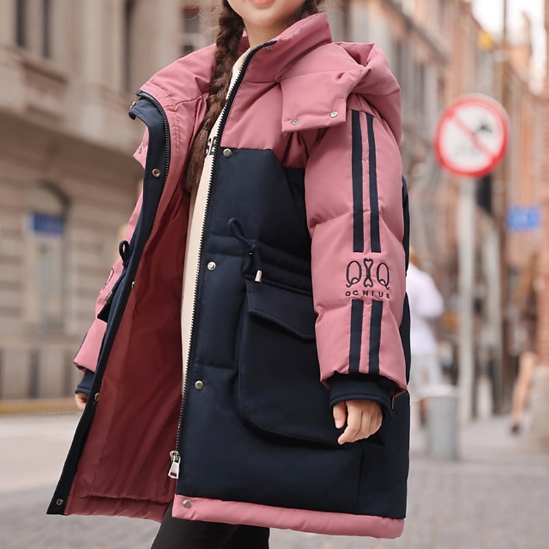 Kids Girls' Down Jacket Outdoor Jacket Puffer Jacket Color Block Fashion Waterproof Keep Warm Windproof Outdoor Coat Outerwear 4-12 Years Fall Pink Purple Khaki