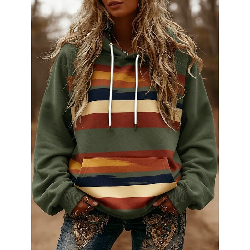 Women's Pullover Hoodies Striped Fashion Streetwear Casual Long Sleeve Hooded Regular Tops Dailywear Casual Sports Drawstring Pocket Print Green Spring Fall