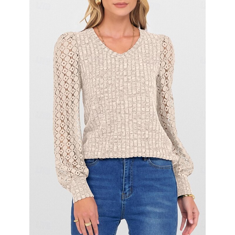 Women's Lace Shirt Floral Stylish Casual Long Sleeve V Neck Regular Tops Daily Lace Patchwork Black Purple Green Khaki Spring Fall2