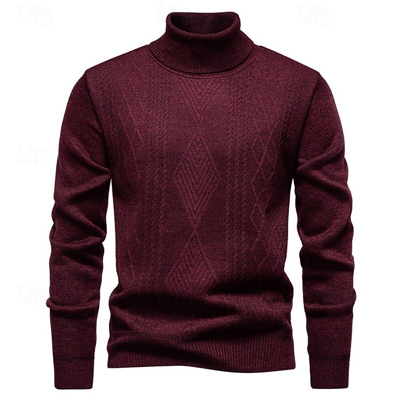 Men's Pullover Sweater Jumper Knit Sweater Ribbed Knit Regular Tops Knitted Plain Turtleneck Fashion Basic Vacation Daily Wear Clothing Apparel Fall Winter Wine Black S M L3