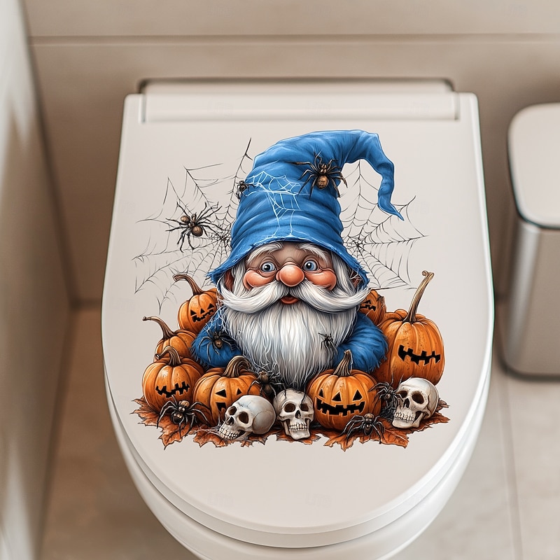 Halloween Gnome Pumpkin Toilet Sticker, Funny Toilet Seat Cover Decal, Spooky Bathroom Wall Decor for Halloween Party4