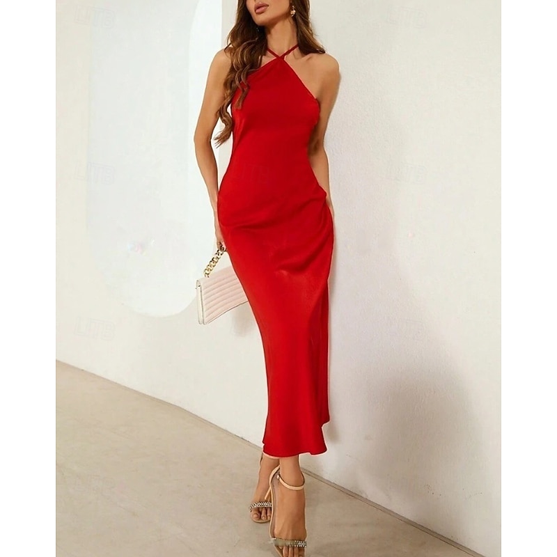Women's Long Dress Maxi Dress Party Dress Cocktail Dress Satin Dress Slip Dress Elegant Fashion Party Special Occasion Evening Party Regular Fit Plain Sleeveless Halter Neck Wine Red Blue Dark Green3