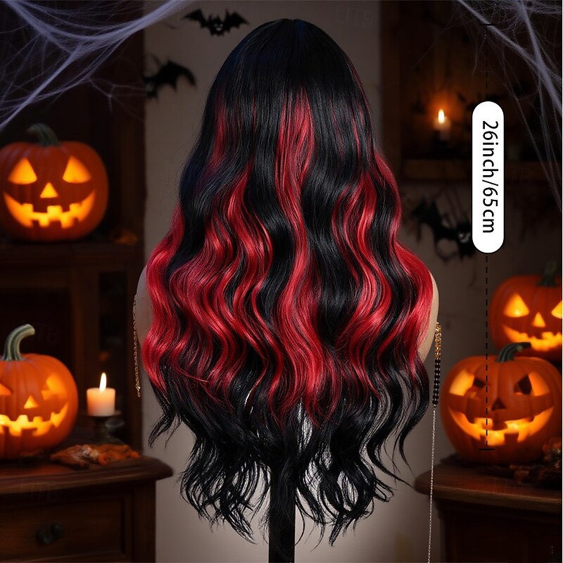 Synthetic Wig Body Wave Wavy Middle Part Neat Bang Wig 26 inch Black / Red Synthetic Hair 26 inch Women's Soft Comfy Multi-color4