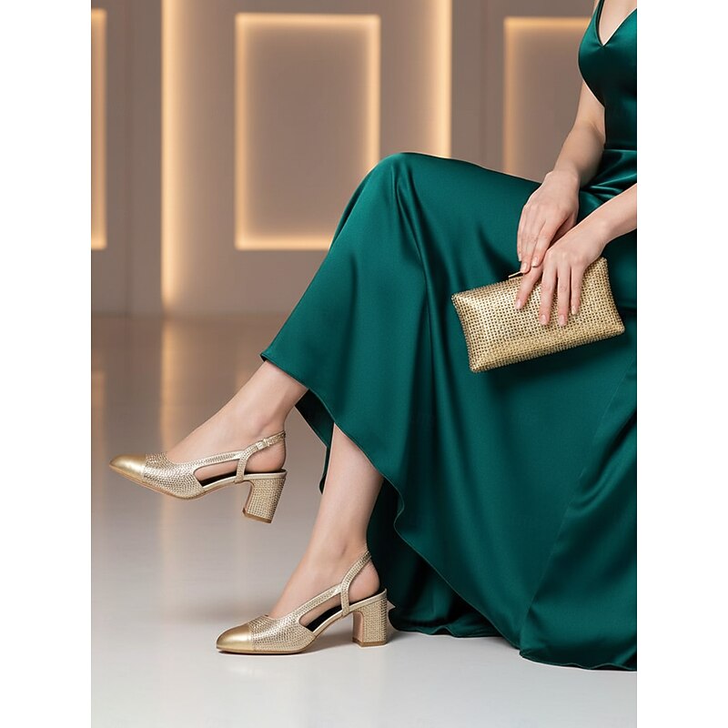 Women's Gold Block Heel Sandals and Matching Clutch Set - Glitter Rhinestone Evening Shoes for Cocktail Party, Wedding and Formal Events2