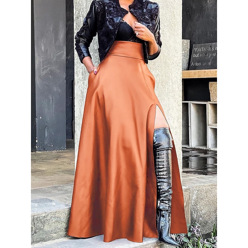 Women's Skirt A Line Elegant Fashion Casual Maxi High Waist Skirts Plain Split Ends Inelastic Party Street Wine Black Pink Brown Spring Faux Leather4