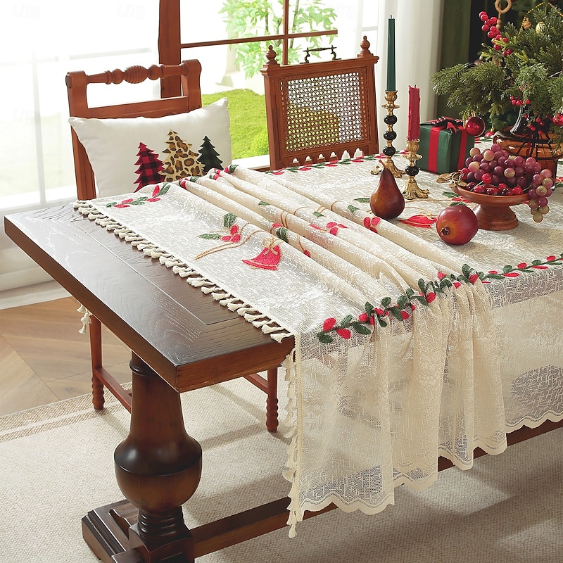 American European Style Christmas Tablecloth, Embroidered Holiday Table Cover for Party, Dining Table, and Coffee Table Decoration2