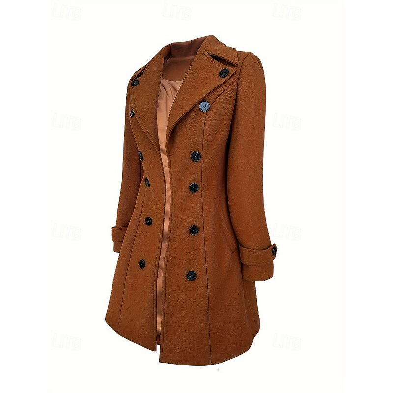 Women's Coat Pea Coat Warm Comfortable Pocket Buttons Elegant Plain Outdoor Going out Weekend Long Turndown Regular Fit Long Sleeve Outerwear Brown Fall Winter3