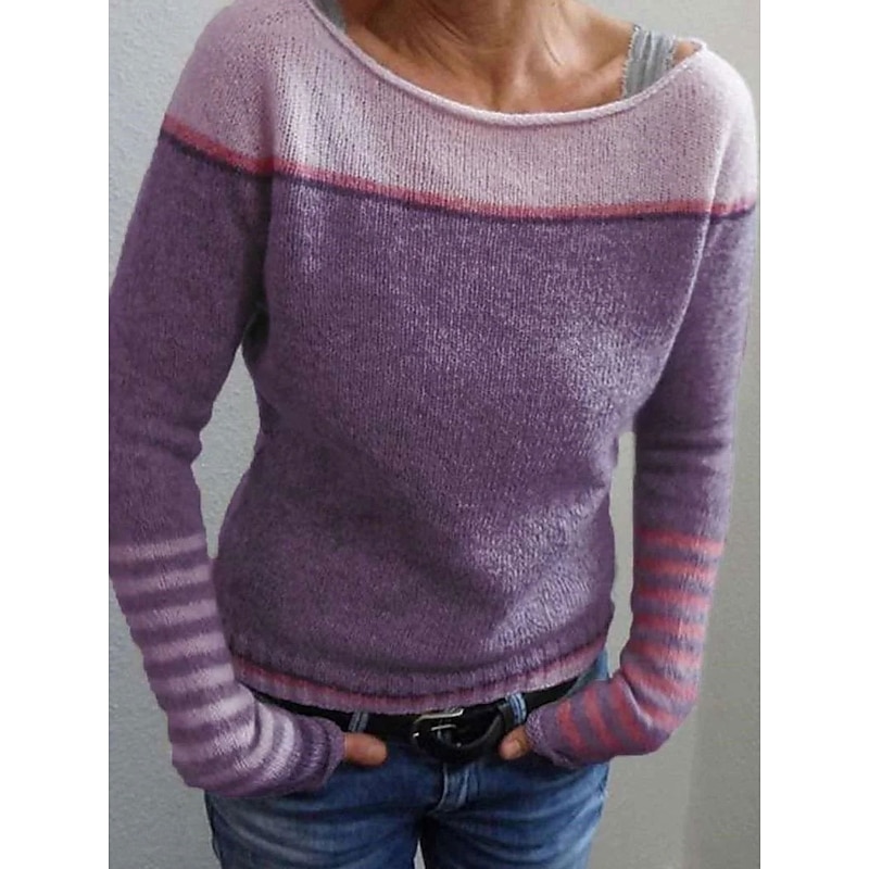 Women's Sweater Casual Soft Striped Ribbed Boat Neck Knitted Long Sleeve Regular Tops Knit Outdoor Daily Weekend Blue Purple Fall Winter4