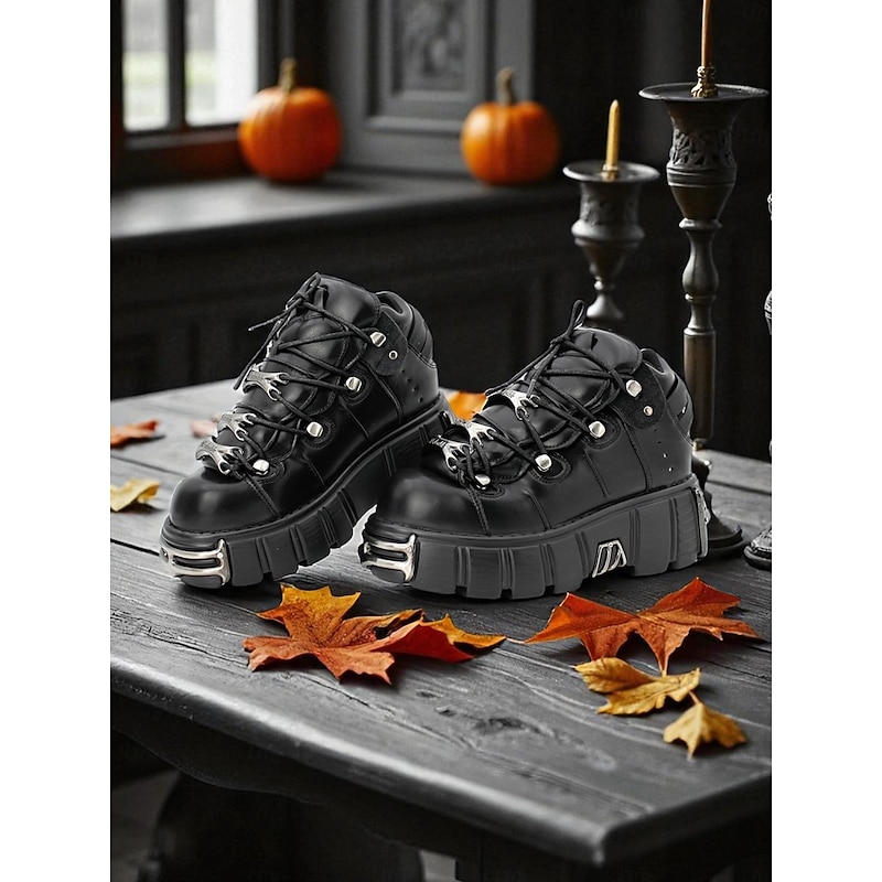 Women's Gothic Platform Sneakers with Metal Detailing  -Punk Style Chunky Lace-Up Shoes for Halloween Party Fashion2