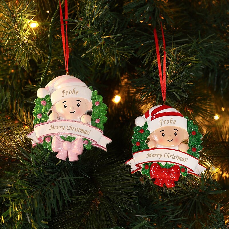 Personalized Resin Christmas Tree Ornament with Custom Laser Engraved Name, Pink Holiday Wreath Hanging Decoration, Unique Christmas Keepsake for Home Décor and Gift