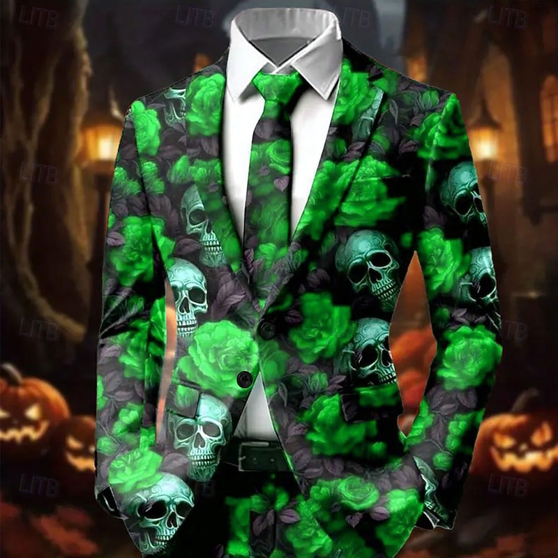 Halloween Men's Coat Blazer Street Casual Festival Fashion Casual Daily All Seasons 100% Polyester Cool Skulls Rose 3D Print Buttons Comfortable Single Breasted Blazer Red Blue Green Rose Red4