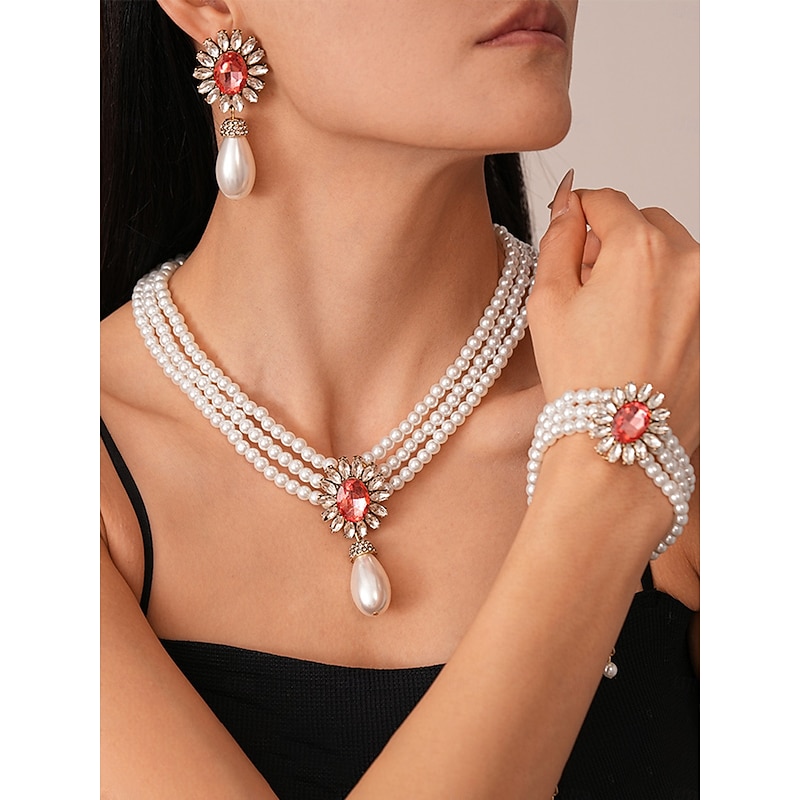 Women's Pearl Jewelry Set with Earrings, Necklace and Bracelet - Elegant Vintage Style Accessories with Crystal Accents for Ballroom Party, Wedding and Formal Events