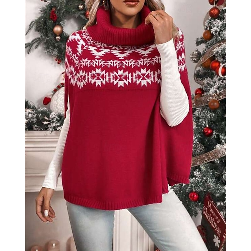 Women's Sweater Shrug Fair Isle Sweater Fashion Casual Geometric Ribbed Turtleneck Knitted Long Sleeve Regular Tops Knit Christmas Outdoor Daily Red Fall Winter4