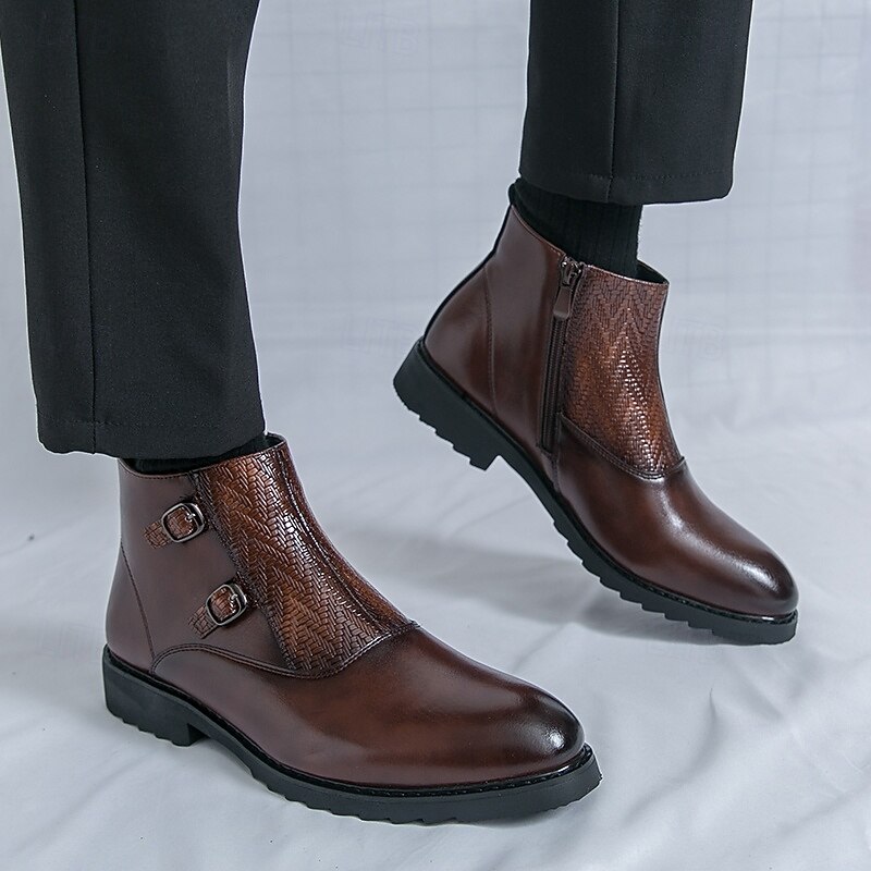 Men's Brown Double-Buckle Ankle Boots with Textured Detailing, Perfect for Casual and Semi-Formal Outfits, Stylish and Comfortable for Everyday Wear3