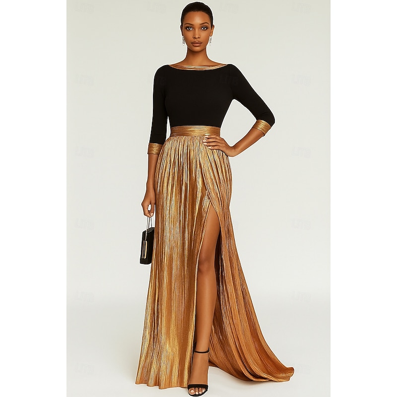 Black Gold A-Line Evening Gown Elegant Dress Formal Wedding Floor Length Long Sleeve Boat Neck Champagne Mother Of the Bride Dress Stretch Satin with Pleats 2025