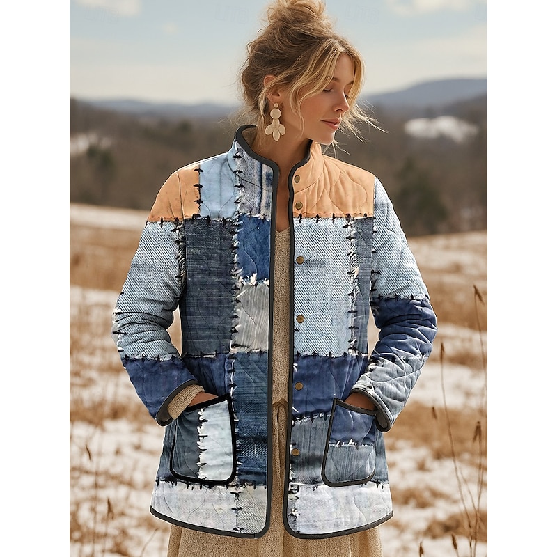 Women's Winter Jacket Quilted Jacket Warm Lightweight Print Elegant Vintage Fashion Geometric Vacation Home Office / Career Casual Regular Stand Collar Regular Fit Long Sleeve Outerwear Blue Fall