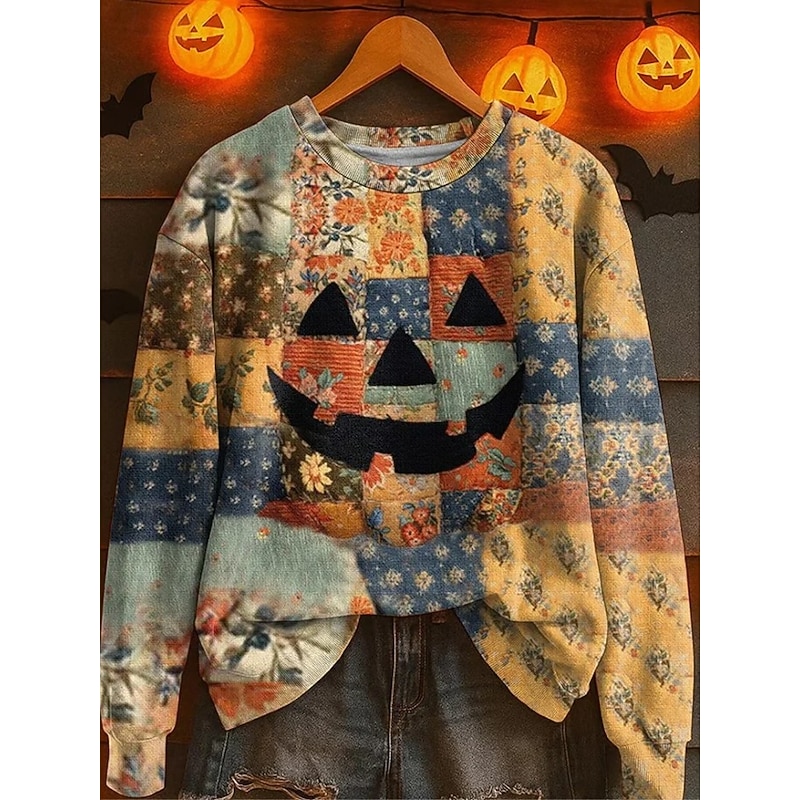 Halloween Women's Pullover Sweatshirt Pumpkin Graphic Skull Fashion Casual Long Sleeve Crew Neck Regular Tops Street Dailywear Casual Print Black Yellow Dark Gray Fall Winter