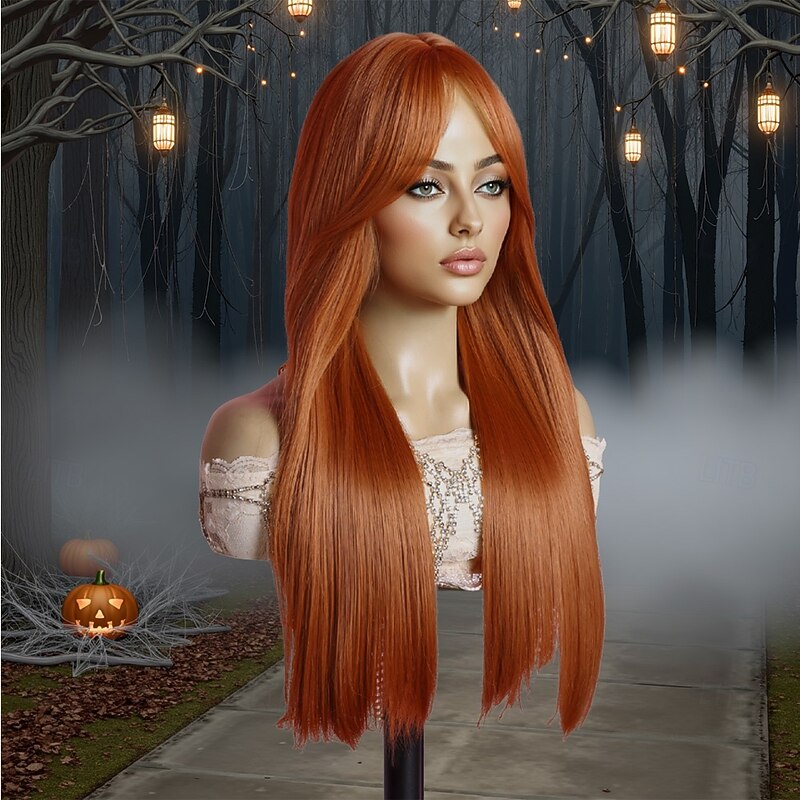 Synthetic Wig Straight Natural Straight Middle Part Neat Bang Wig 24 inch Orange / White / Blue Synthetic Hair 24 inch Women's Soft Comfy Orange3