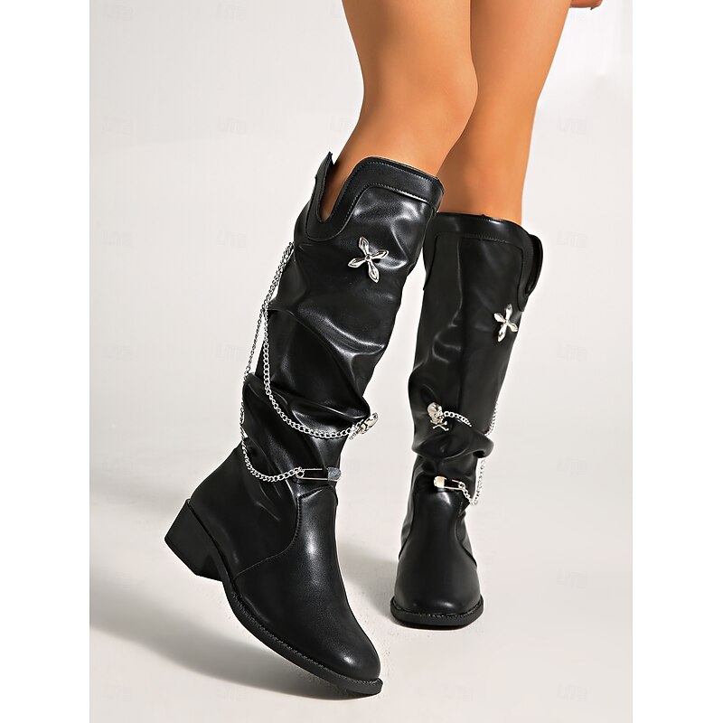 Women's Boots Slouchy Boots Daily Chain Block Heel Pointed Toe Casual Faux Leather Loafer Black4