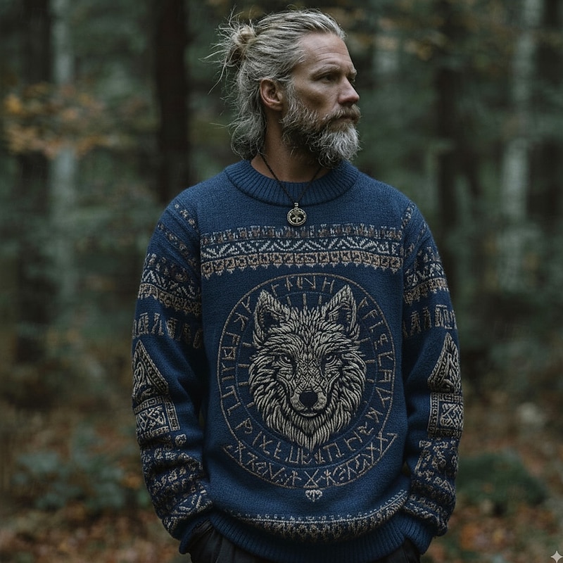 Men's Wolf Animal Patterned Viking Pullover Sweater Jumper Knitwear Crewneck Retro Vintage Casual Vacation Street Daily 3D Print Knitting Keep Warm Long Sleeve Spring Fall Winter Black Blue Green