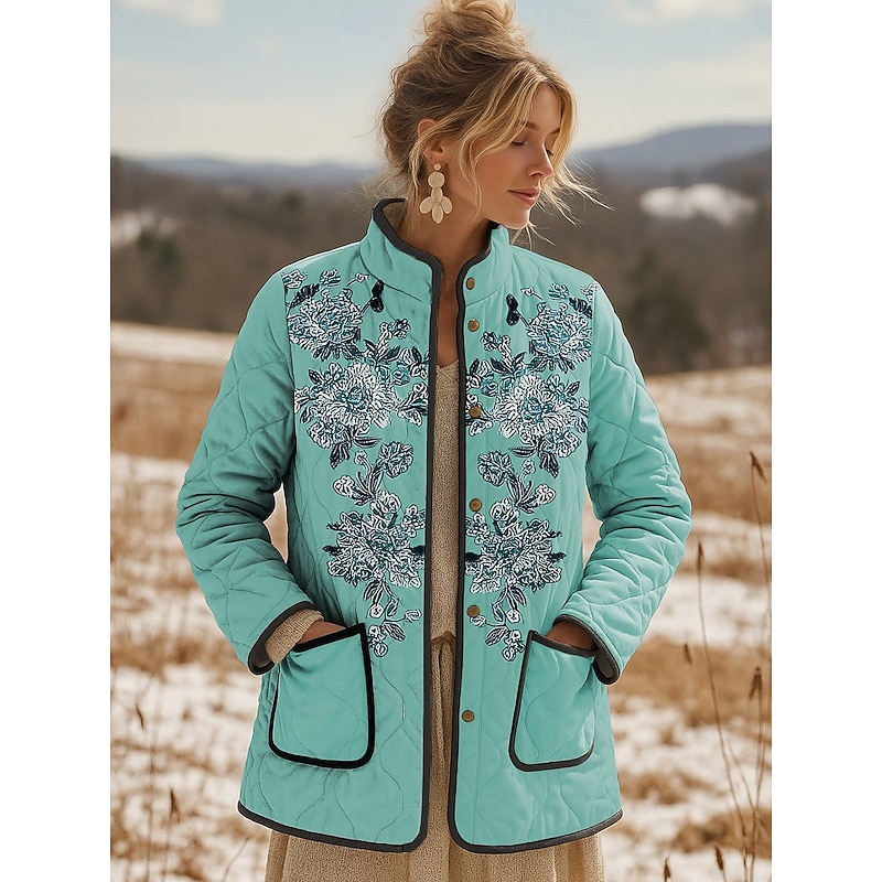 Women's Winter Jacket Quilted Jacket Warm Lightweight Embroidered Print Active Vintage Cute Artistic Floral Casual Short Stand Collar Regular Fit Long Sleeve Outerwear Pink Blue Purple Fall Winter3