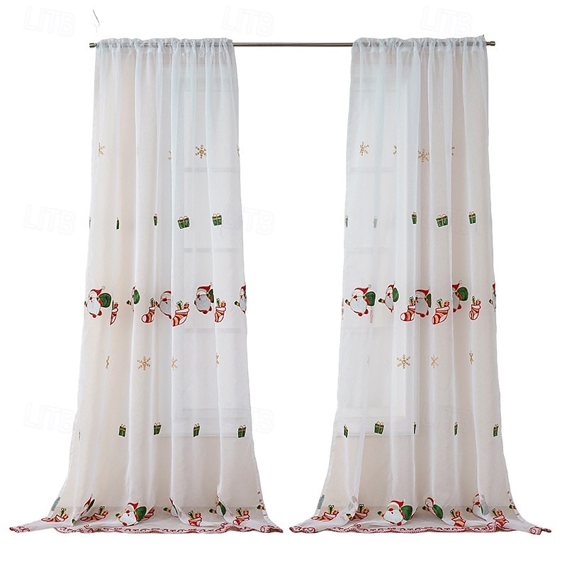 Christmas Sheer Curtains, American Style Holiday Embroidered Window Drapes, Bell and Snowflake Design, Ready-Made Home Decoration4