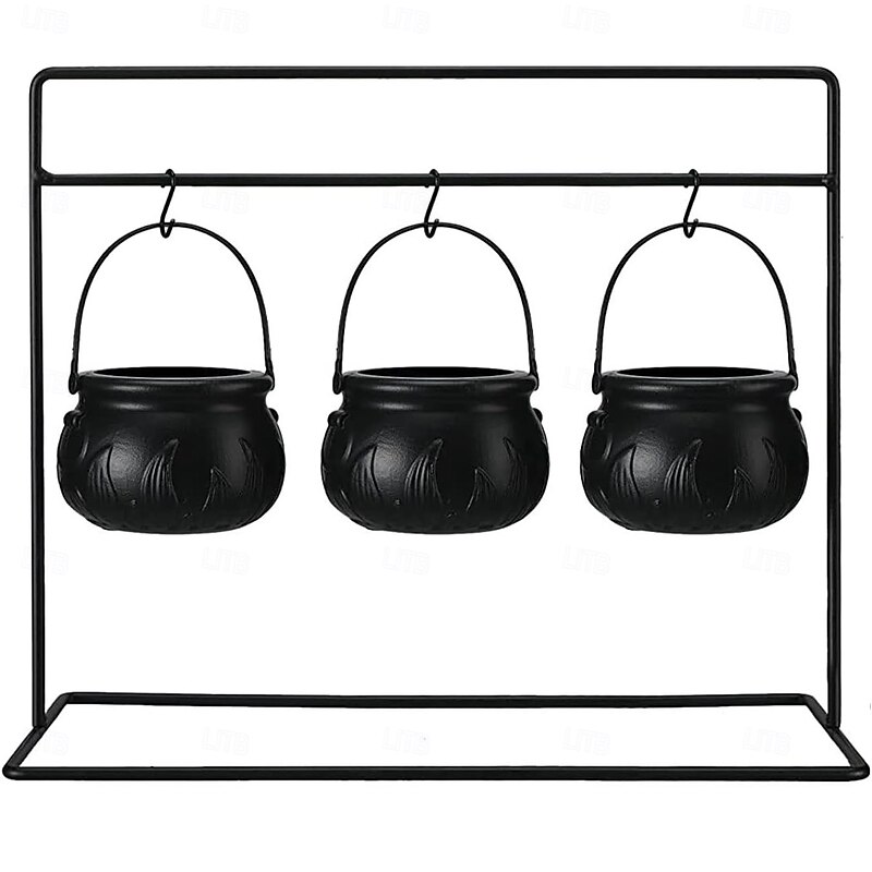 Halloween Decor - Set of 3 Witches Cauldron Serving Bowls on Rack - Black Plastic Cauldron for Indoor Outdoor Home Kitchen Decoration - (non-food contact)