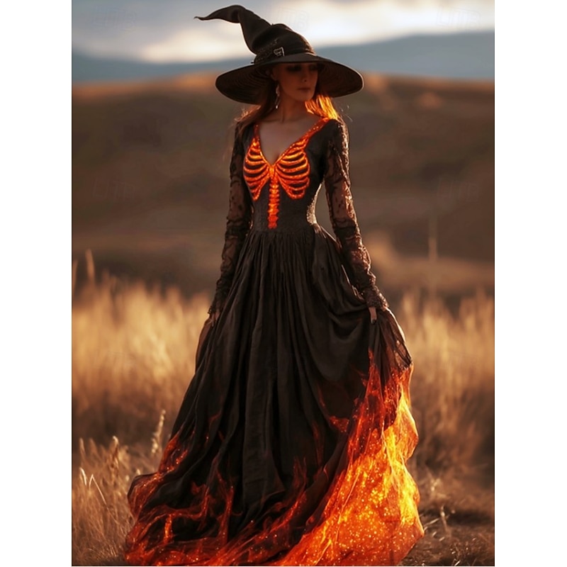 Halloween Women's Skeleton Maxi Dress Pleated Dress Boho Date Going out Regular Fit Skull Long Sleeve V Neck Black Orange Light Orange Fall2