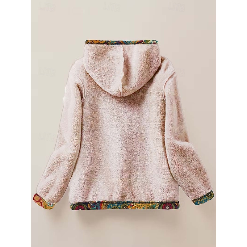 Women's Zip Up Hoodies Floral Graphic Geometric Warm Active Vintage Long Sleeve Hooded Regular Tops Home Work Party Evening Wear Zip Up Patchwork Zipper Black Spring Fall Winter3