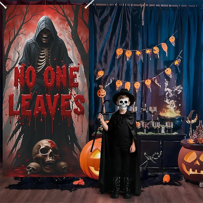 Halloween Door Cover Outdoor Banners Skeleton Grim Reaper 3D Dark Punk Gothic Style Party Outdoor Shooting Backgrounds Front Door Wall Porch Home Decor3
