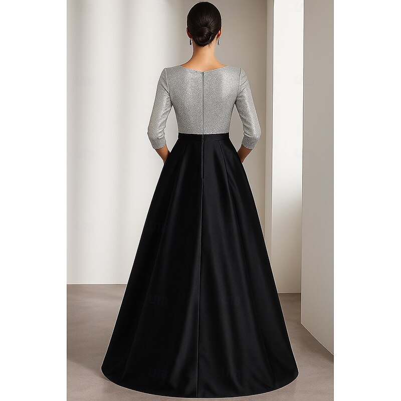 Black Gold A-Line Evening Gown Elegant Formal Dress Formal Wedding Asymmetrical Half Sleeve V Neck Satin with Glitter 20253