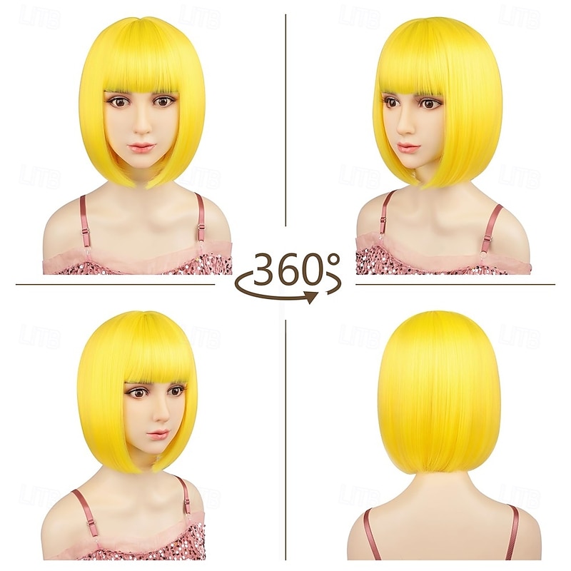 Bob Wigs with Straight Flat Bangs 12 Synthetic Fiber Hair Includ Wig Cap Yellow Wig for All Women Kids Halloween Costume Party Colorful Wigs3