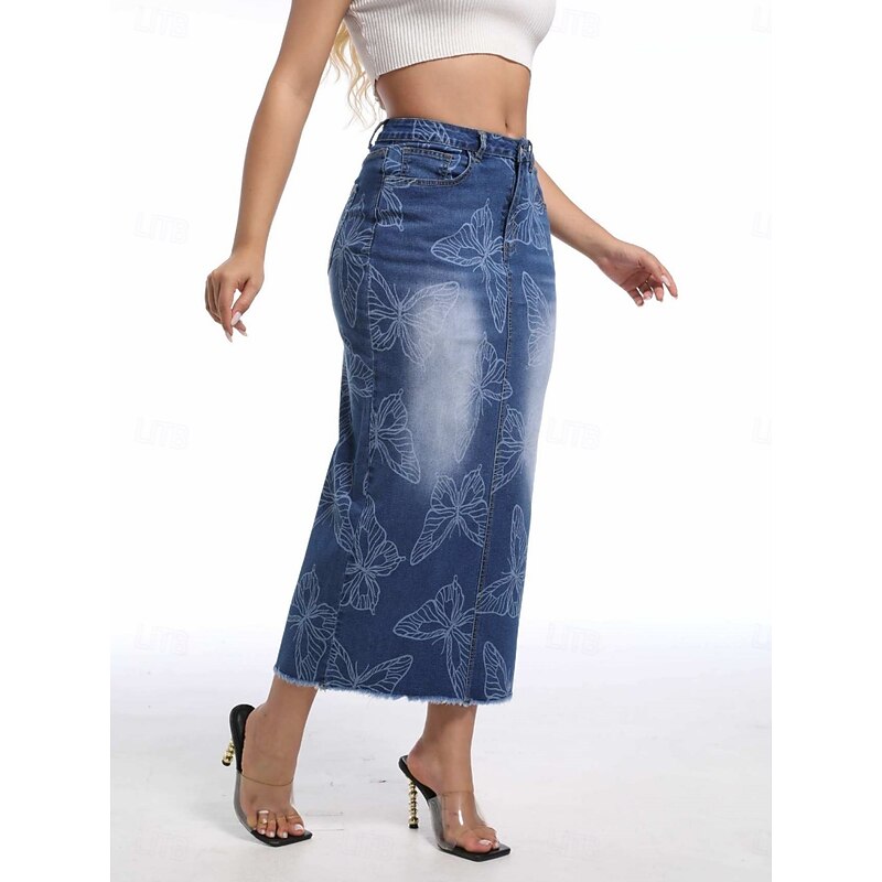 Women's Skirt Bodycon Fashion Casual Midi High Waist Skirts Floral Pocket Print Inelastic Street Daily Blue Spring Polyester Denim4