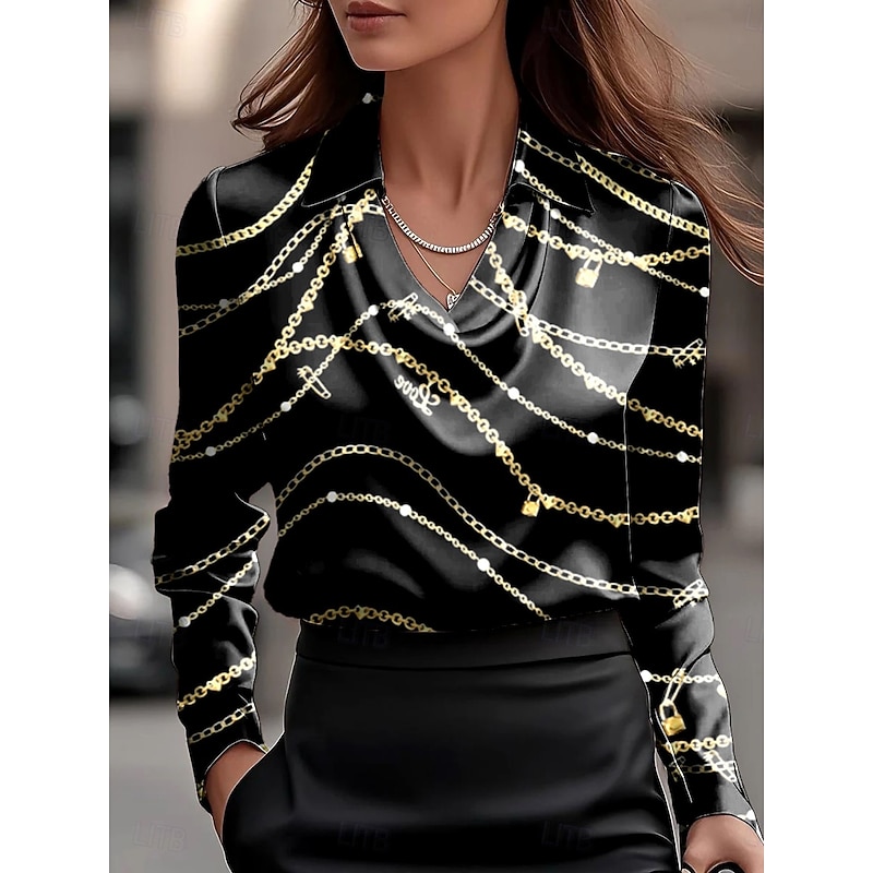Women's Shirt Graphic Leopard Geometric Elegant Stylish Casual Long Sleeve Cowl Neck V Neck Regular Tops Work Party Evening Wear Daily Ruched Draped Black Light Brown Brown Fall Winter3