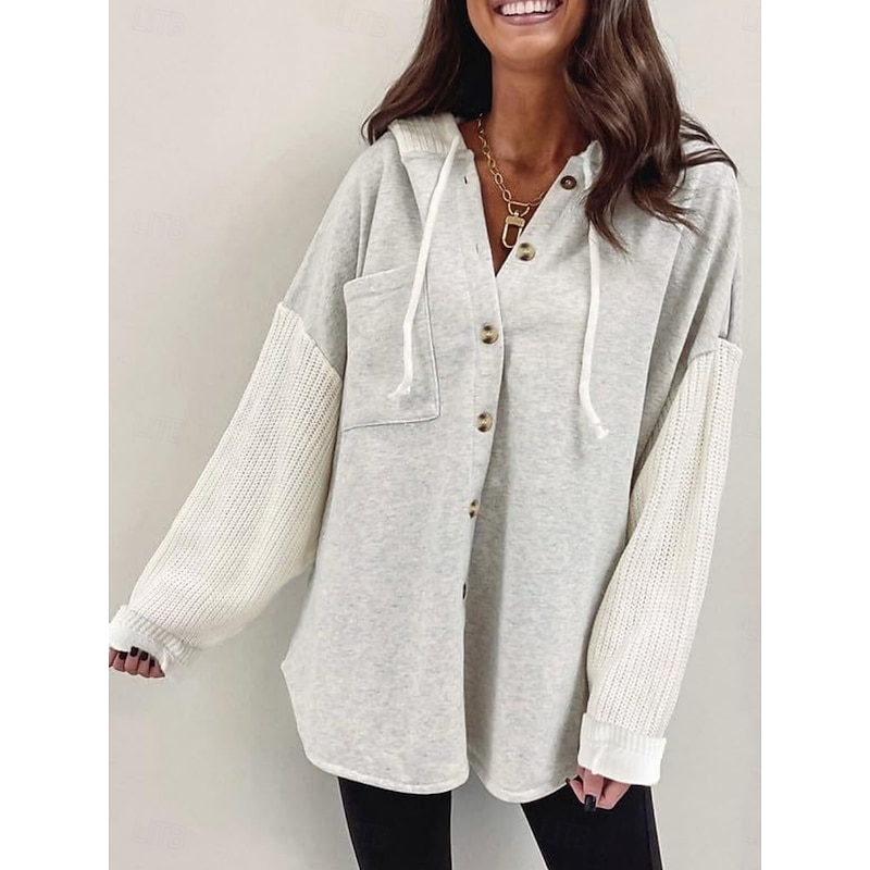 Women's Casual Jacket Hoodie Jacket Comfortable Breathable Pocket Buttons Casual Plain Vacation Street Casual Daily Wear Single Breasted Long Hooded Loose Fit Long Sleeve Outerwear Black White Pink