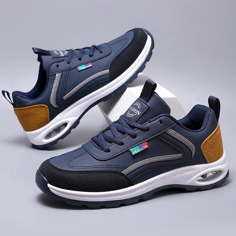 Men's White and Navy Faux Leather Fashion Sneakers – Comfortable Casual Lace-Up Shoes for Travel, Walking and Urban Streetwear4