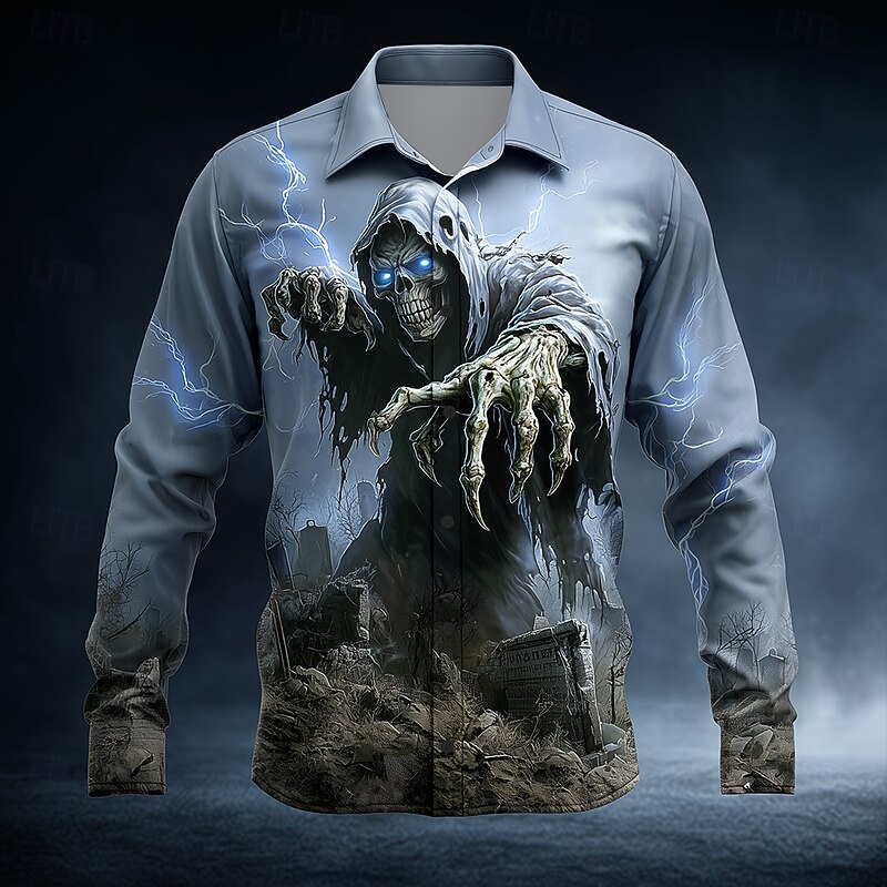 Halloween Men's Skull Grim Reaper Lightning Shirt Button Up Shirt Long Sleeve Dark Gothic Style Holiday Streetwear Spring Fall Turndown 3D Print Collared Shirts Blue 2# Blue 1# Blue